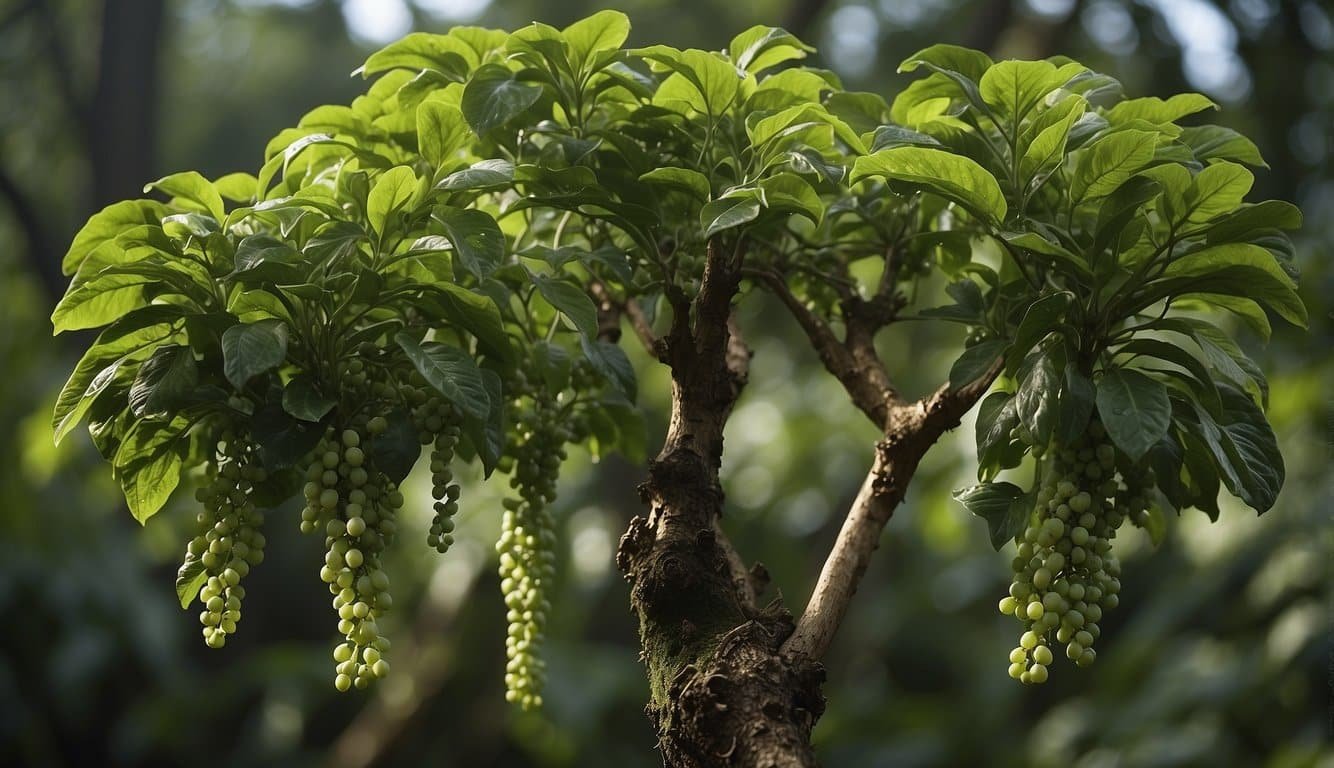 The iboga plant stands tall with glossy green leaves and clusters of small, round fruits.</p><p>Its thick, gnarled trunk is adorned with intricate patterns and textures, giving it a sense of ancient wisdom and natural power