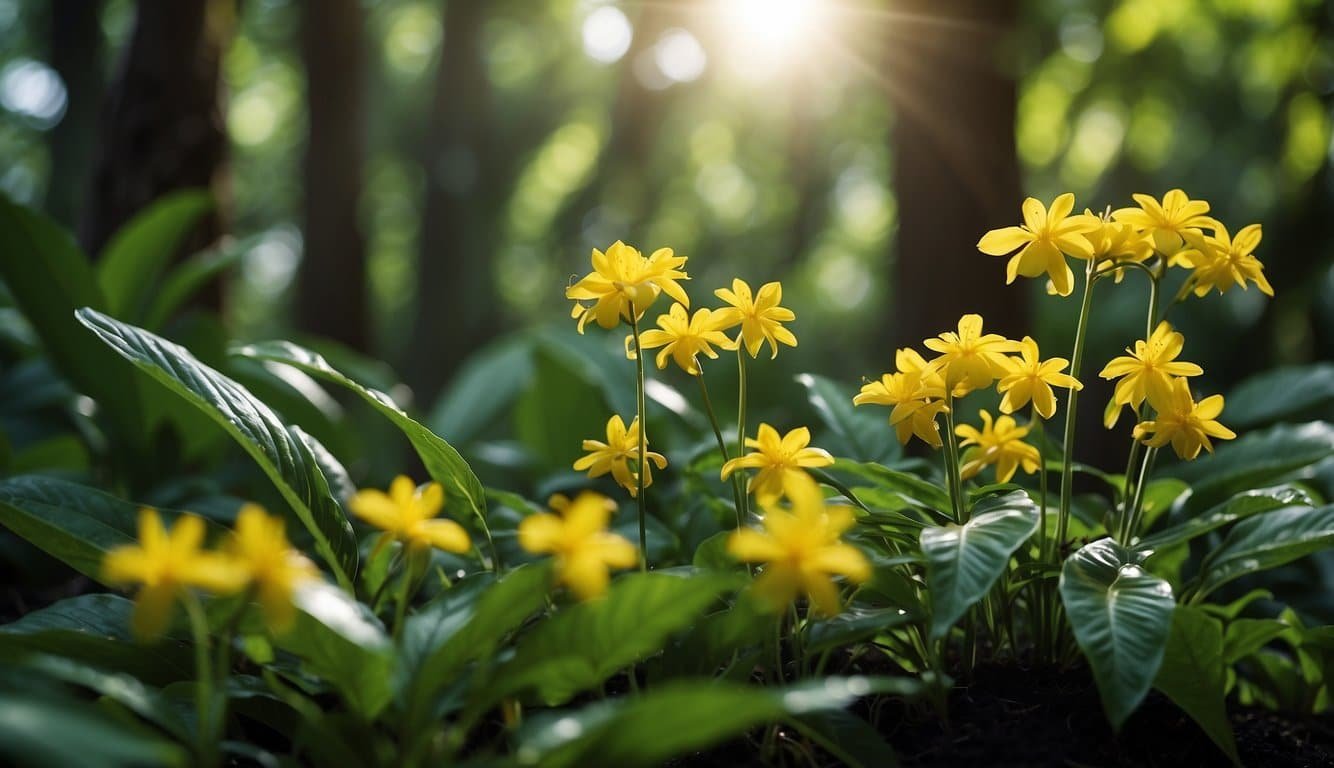 The iboga plant stands tall in a lush, tropical forest, its vibrant green leaves and distinctive yellow flowers catching the dappled sunlight