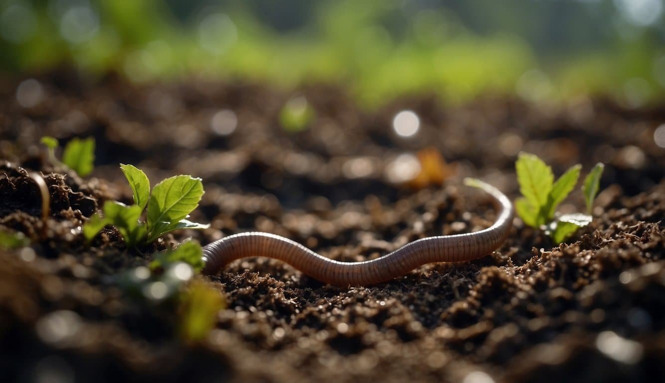 A close-up of earthworms wriggling in moist soil, surrounded by decaying leaves and organic matter