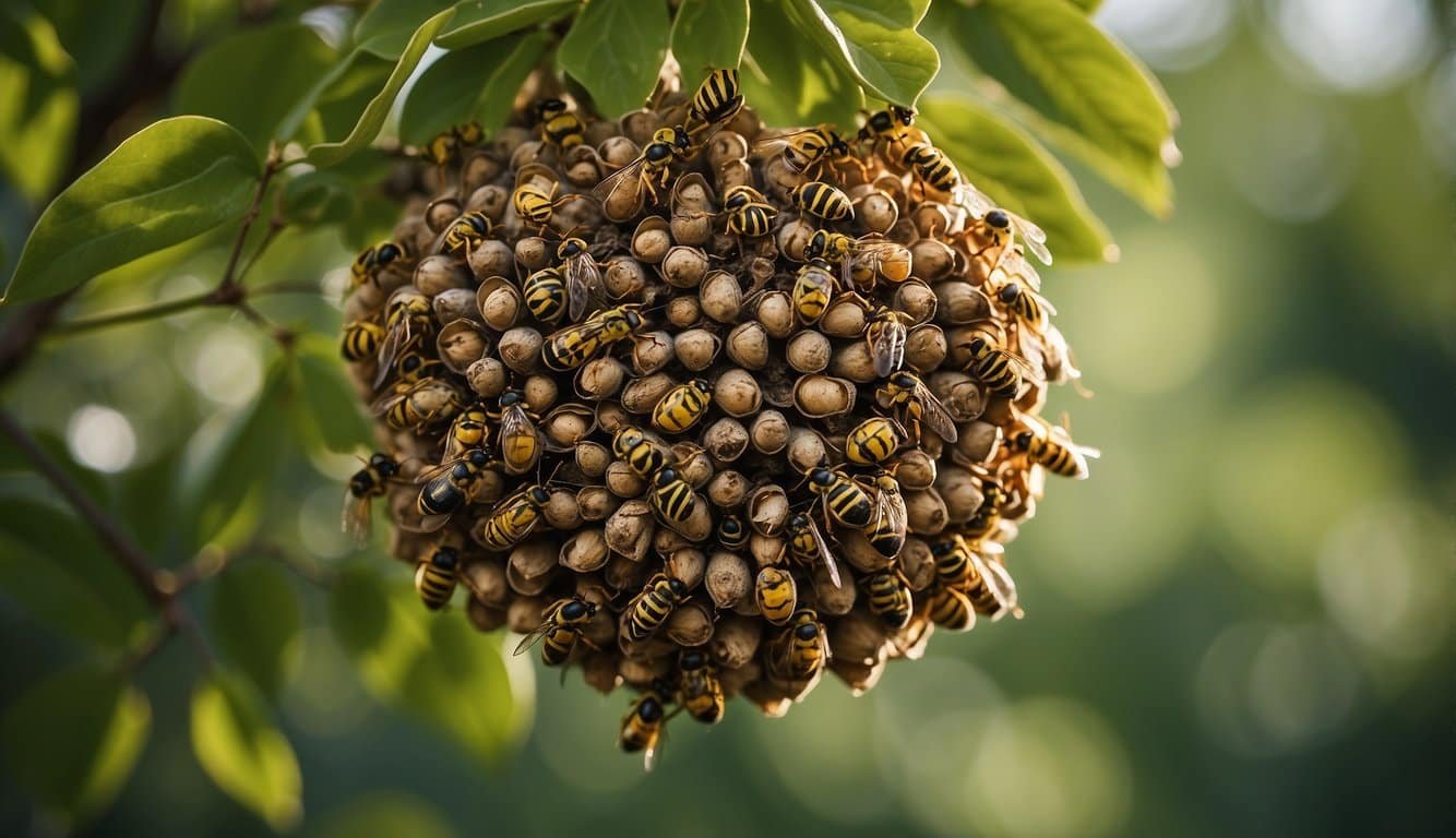 A cluster of wasp nests hang from a tree branch, surrounded by buzzing insects and a backdrop of green foliage