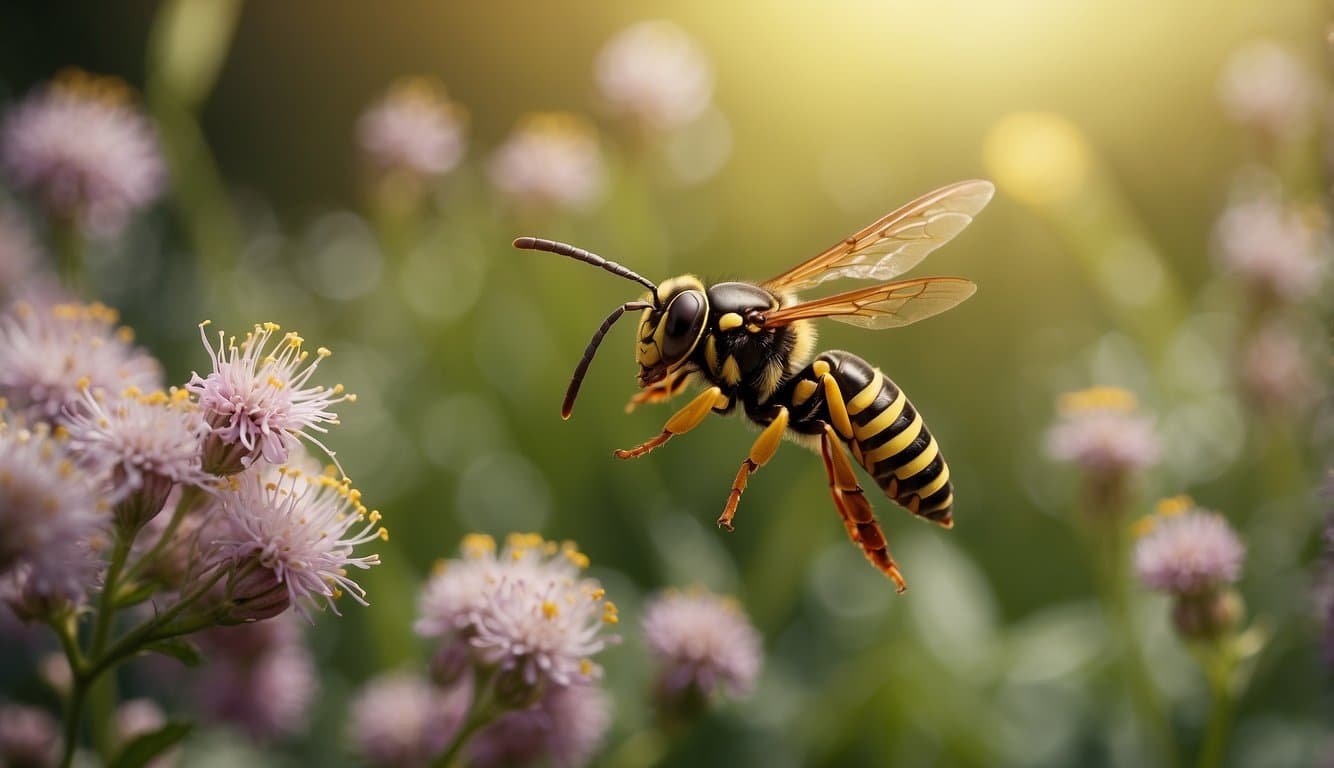 Wasp hovers near blooming flowers, collecting nectar.</p><p>Another wasp tends to its nest, while a third hunts for insects to feed its larvae