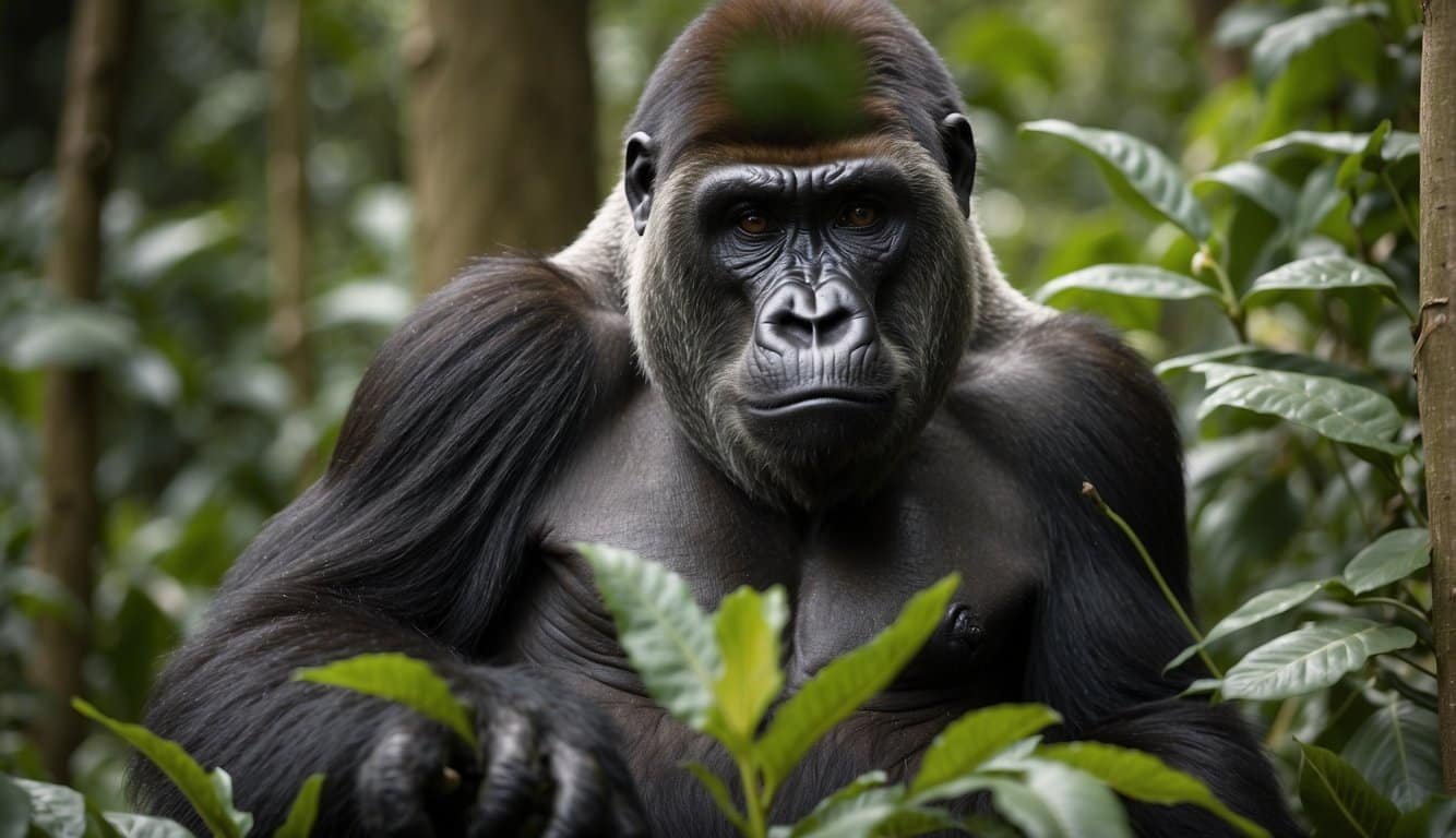 Gorillas interact in a lush jungle, grooming and playing.</p><p>A silverback leads the group, while young gorillas swing from vines