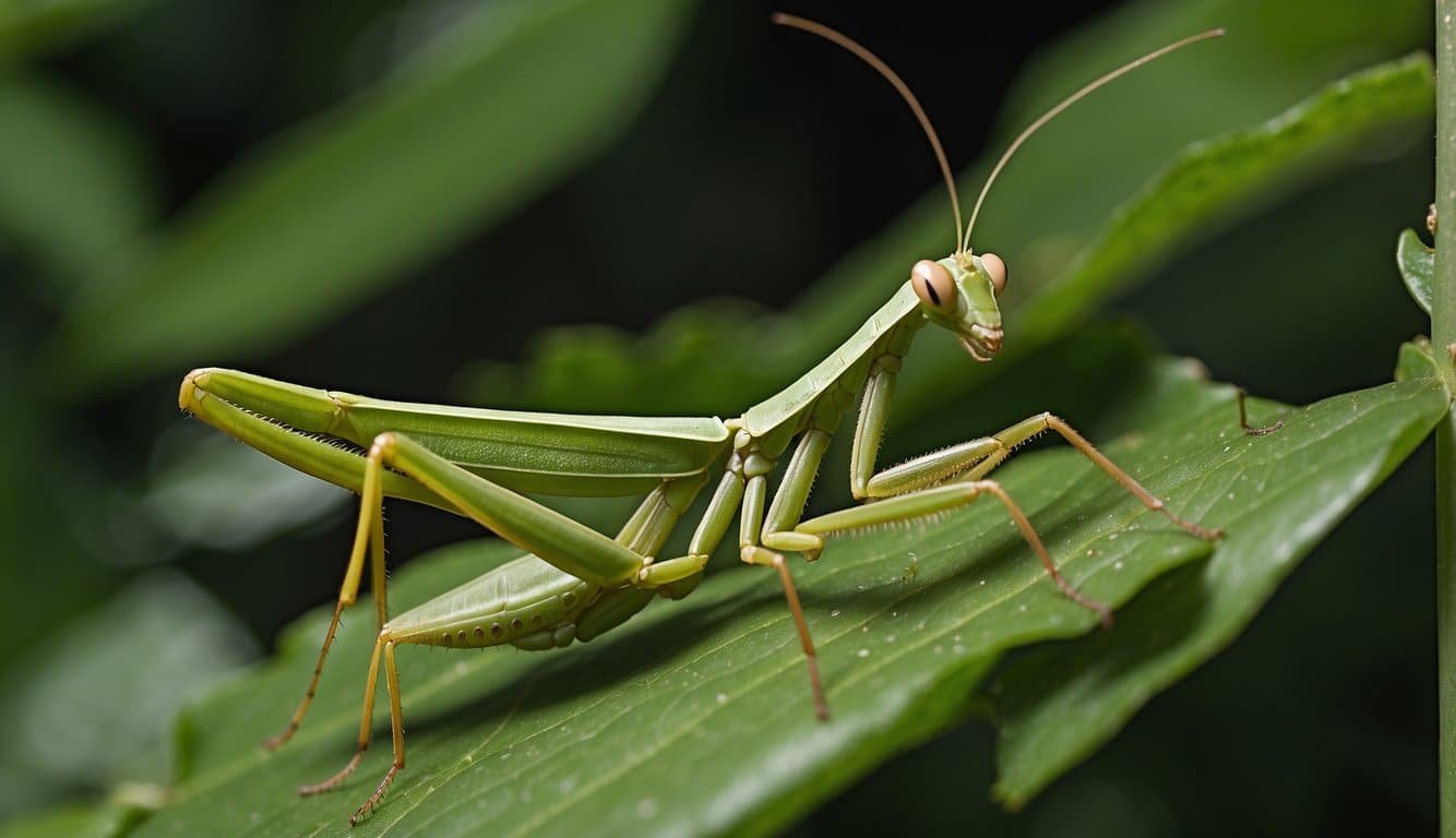 A praying mantis perched on a leaf, camouflaged among green foliage, patiently waiting to ambush its unsuspecting prey