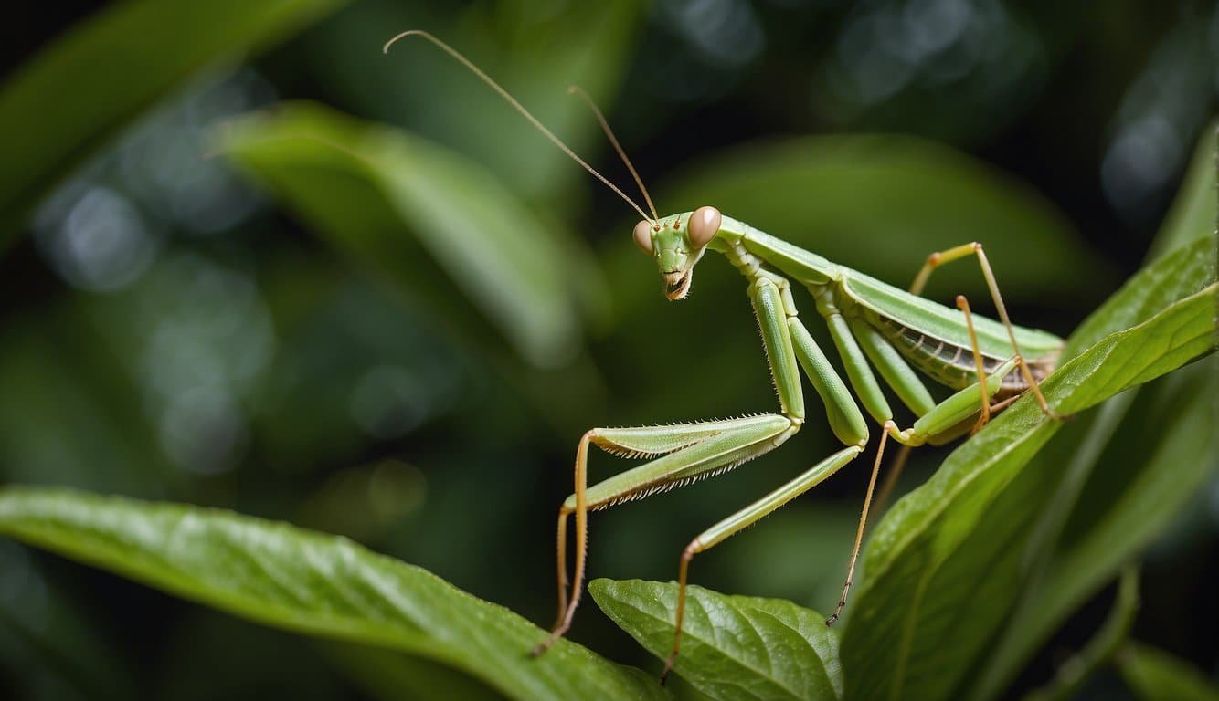 A praying mantis perched on a vibrant green leaf, surrounded by lush foliage and delicate flowers.</p><p>The mantis is poised with its forelegs raised, displaying its intricate and elegant form