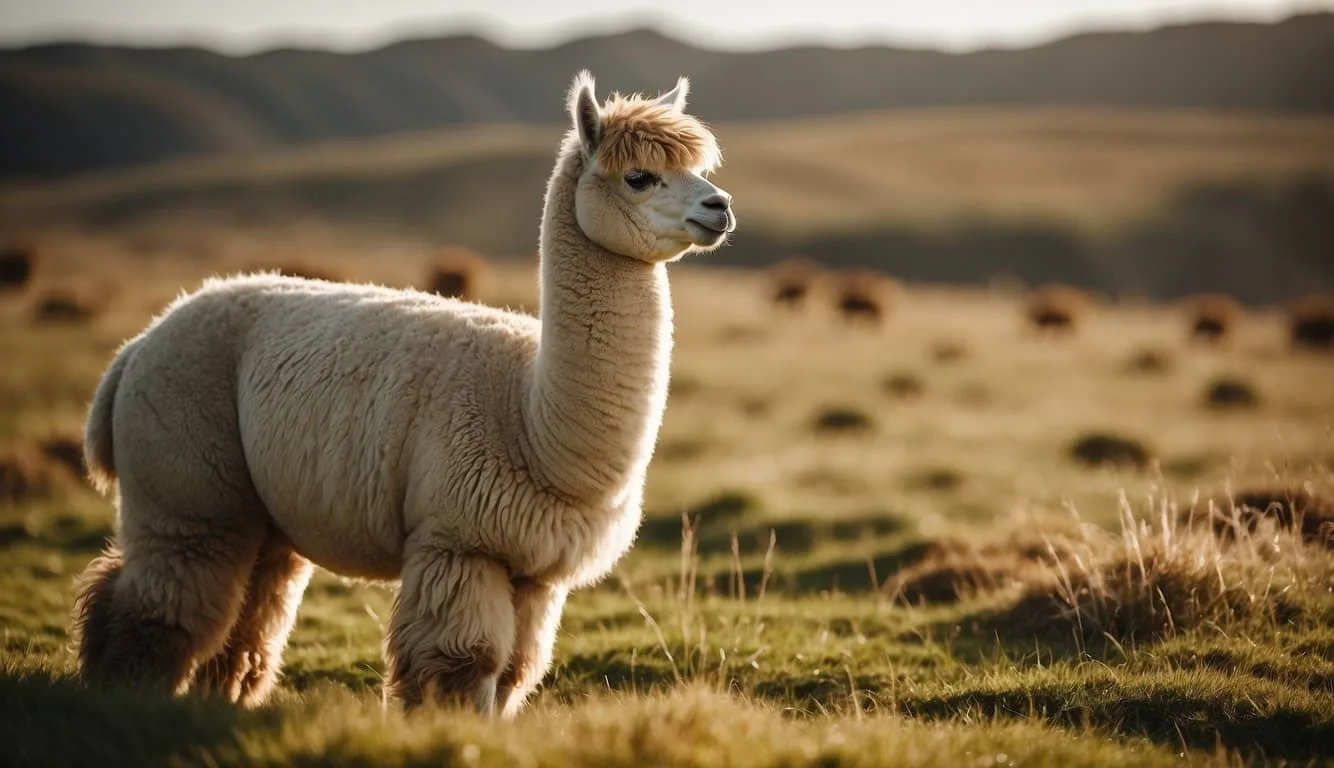 An alpaca with a fluffy, woolly coat stands gracefully in a field, grazing on grass and occasionally lifting its head to look around