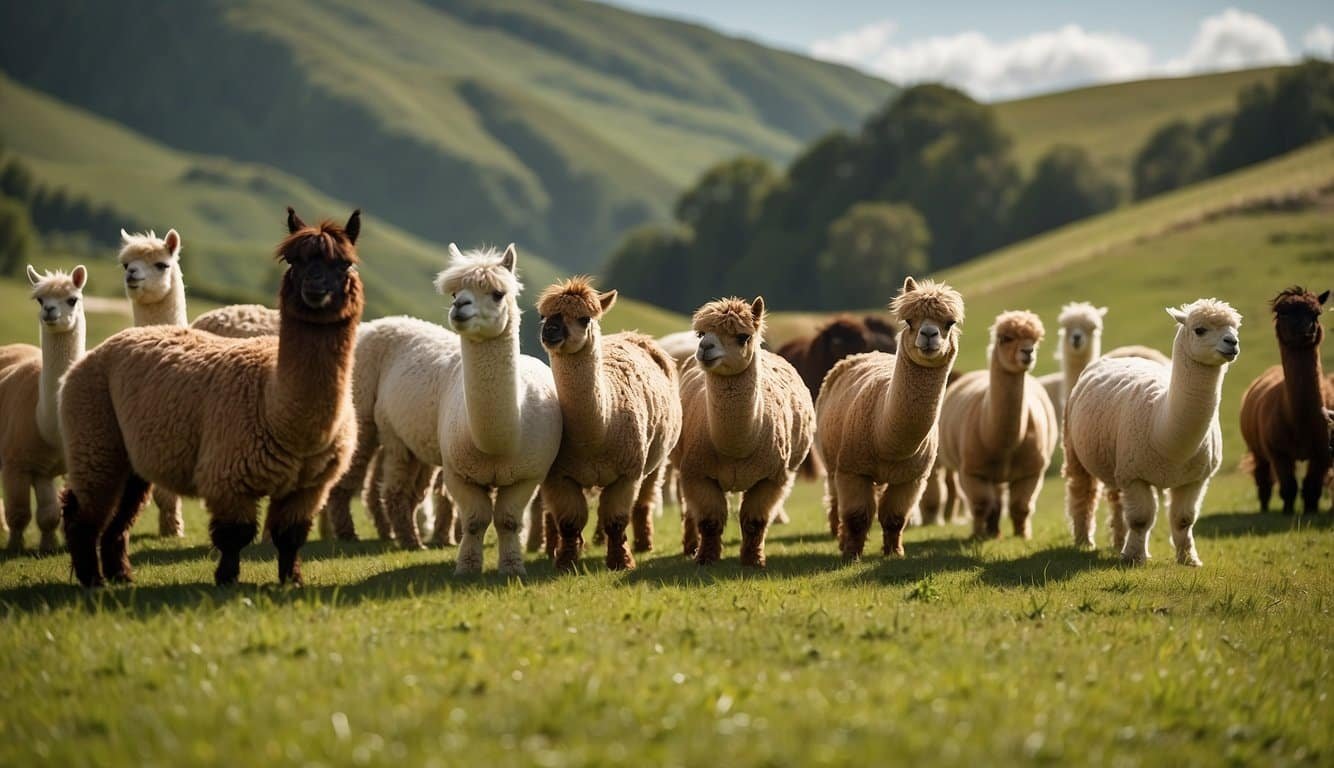 Alpacas graze in lush, green pastures surrounded by rolling hills.</p><p>A group of alpacas stand together, their soft, fleece coats shining in the sunlight.</p><p>A farmer tends to the herd, checking on their well-being