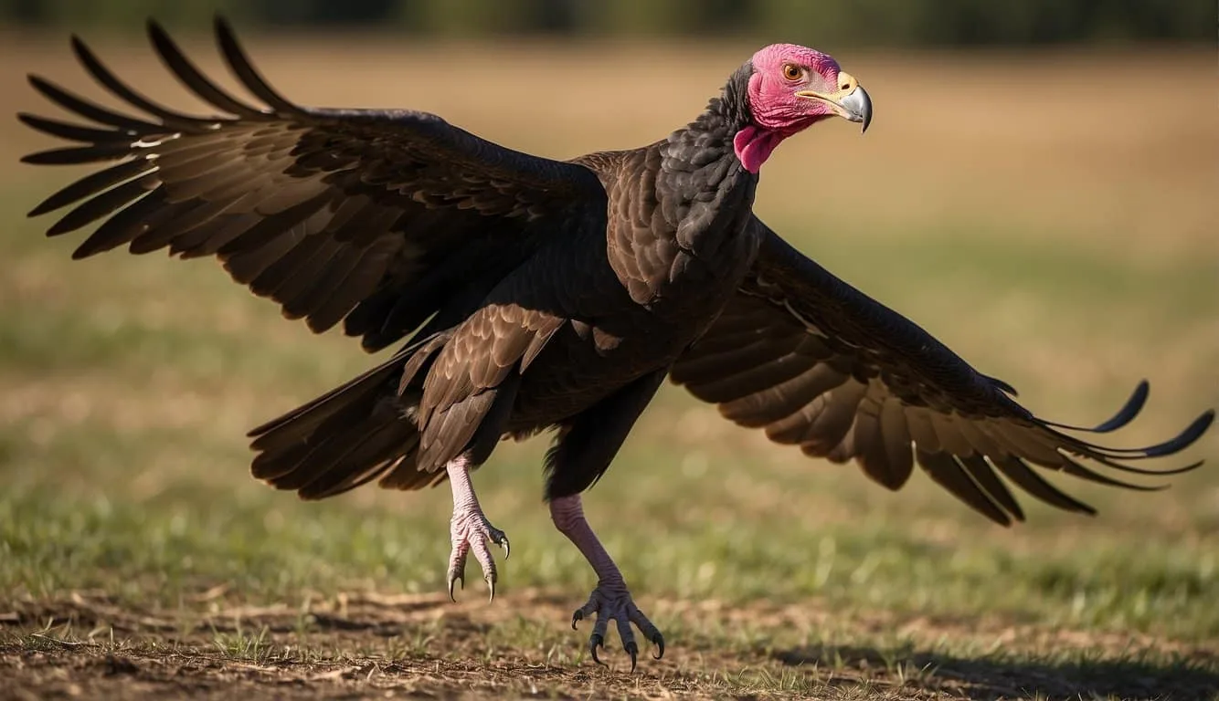 A turkey vulture soars gracefully in the sky, scanning the ground for carrion.</p><p>Its large wings spread wide, catching the warm air currents as it effortlessly glides through the open sky