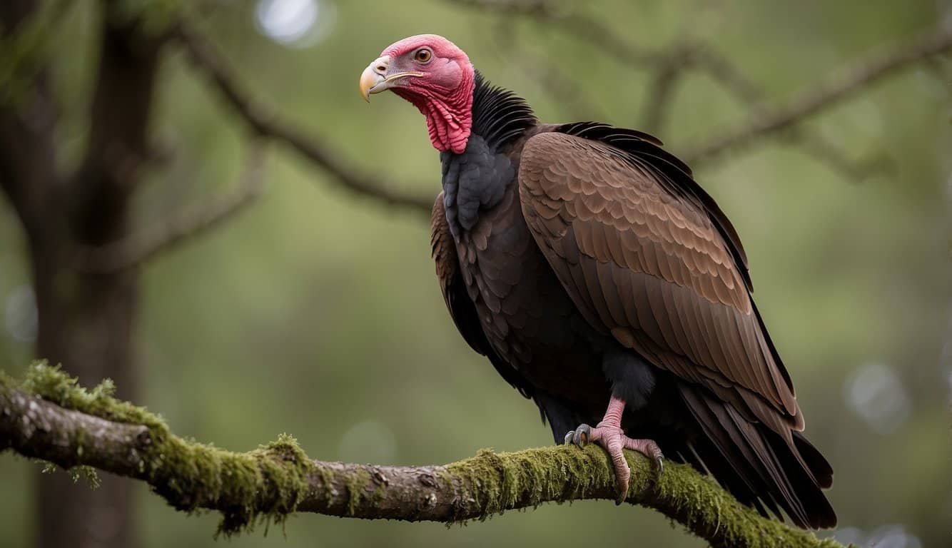 A turkey vulture perches on a tree branch, its bald red head and hooked beak pointed downward as it scans the ground for prey