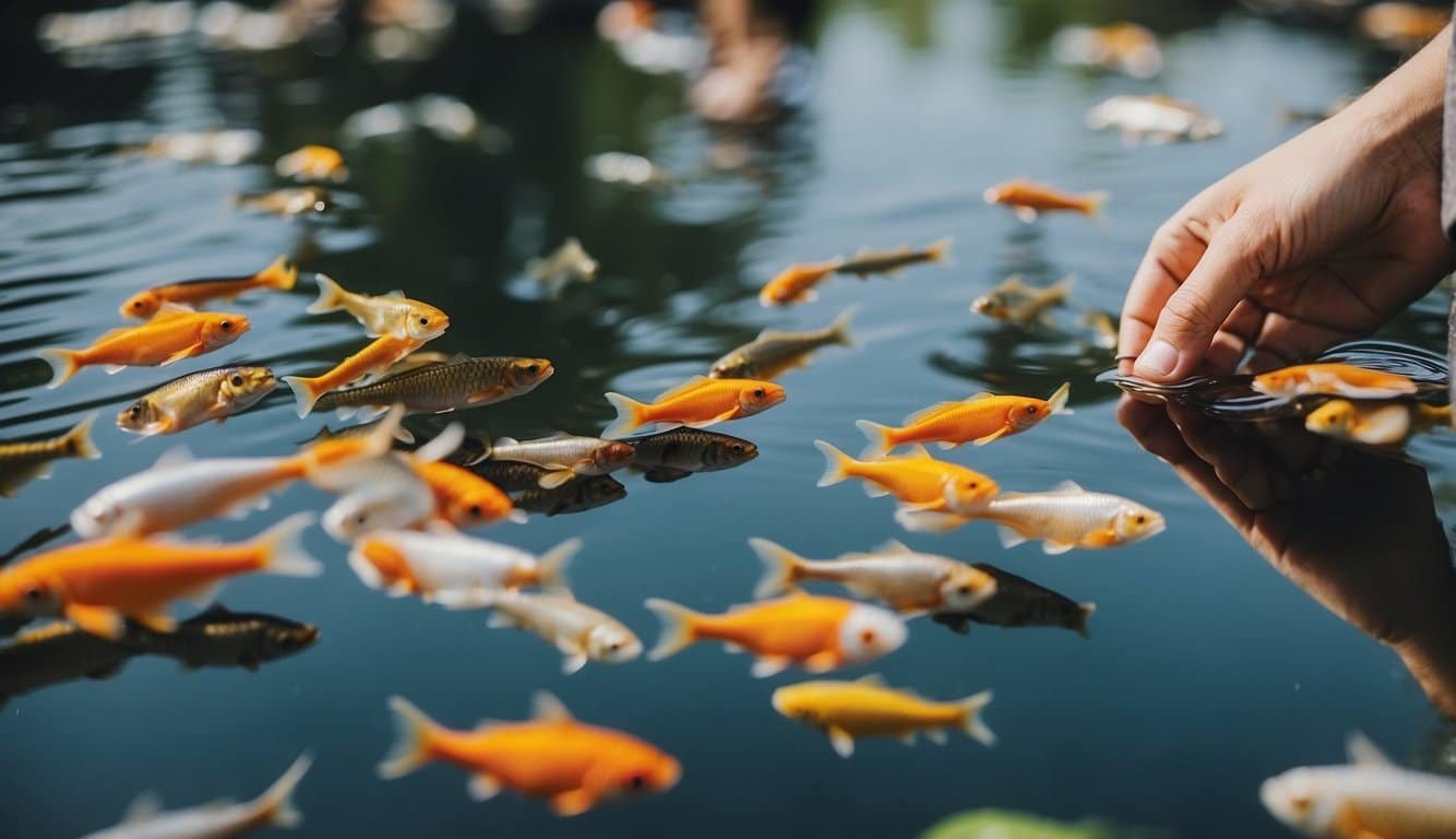 People feeding colorful fish in a serene pond