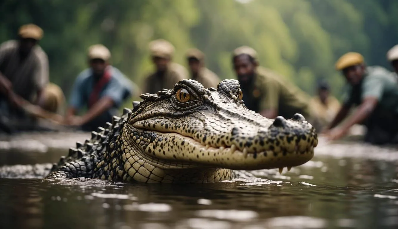 A crocodile ambushes a group of villagers crossing a river