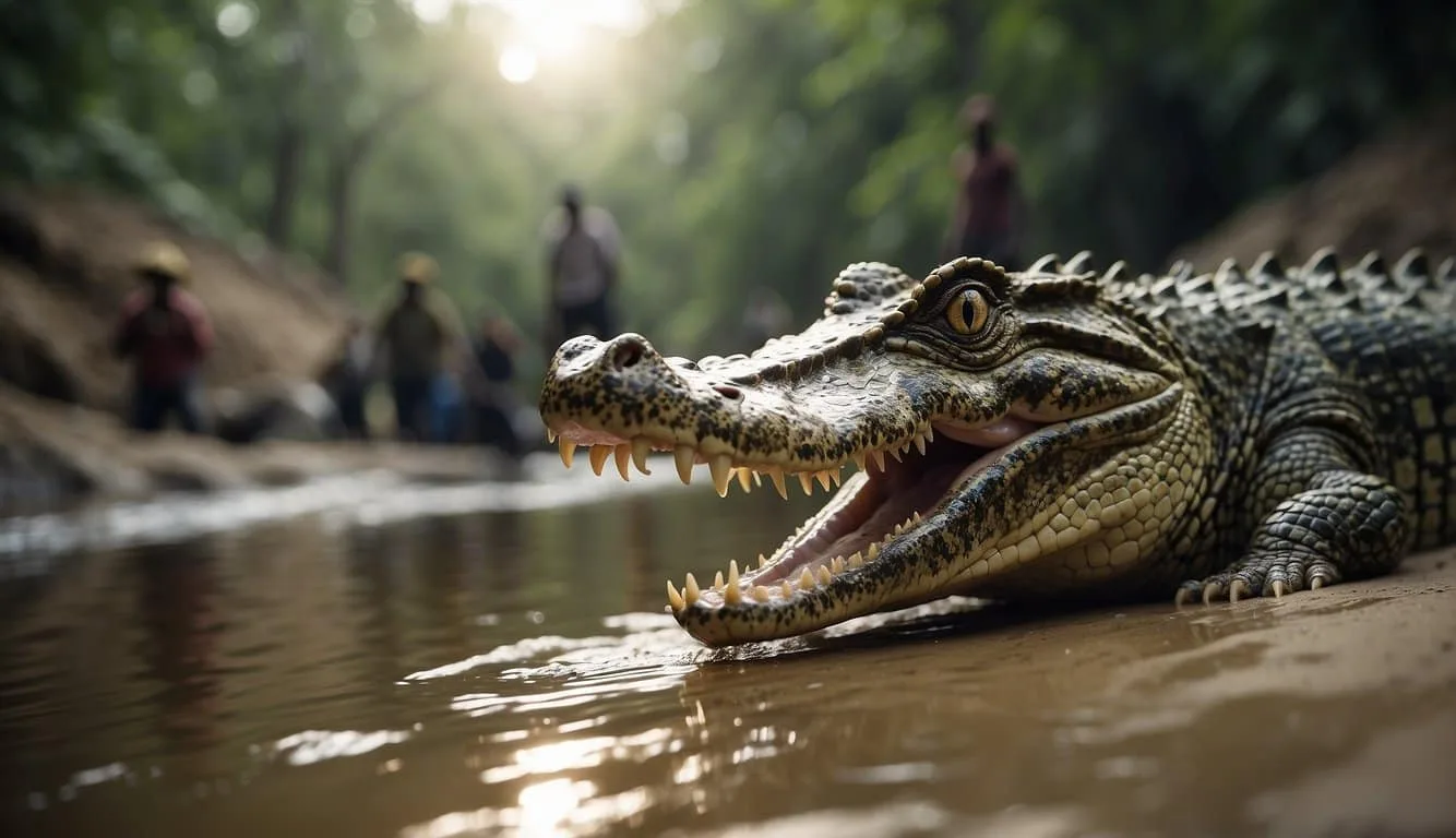 A ferocious crocodile ambushes a group of unsuspecting villagers near a riverbank. Nearby, a warning sign displays statistics on the animal that kills the most humans