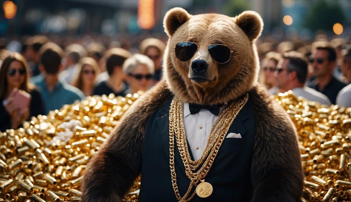 A bear adorned with sunglasses and a gold chain, surrounded by glittering piles of cocaine, with a crowd of onlookers in awe