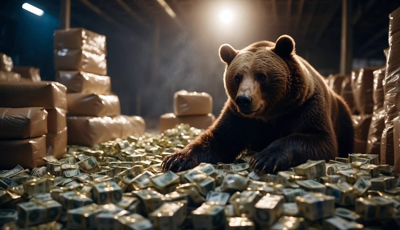 A bear snorts cocaine in a dimly lit warehouse, surrounded by empty drug packages and scattered cash