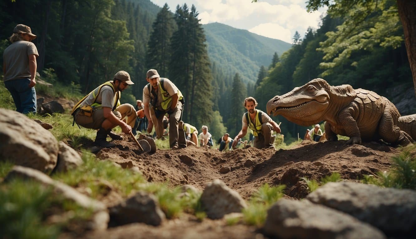 A group of paleontologists carefully excavate a rocky outcrop, uncovering the fossilized remains of a parasaurolophus.</p><p>The surrounding landscape is filled with lush greenery and towering trees, creating a picturesque prehistoric scene