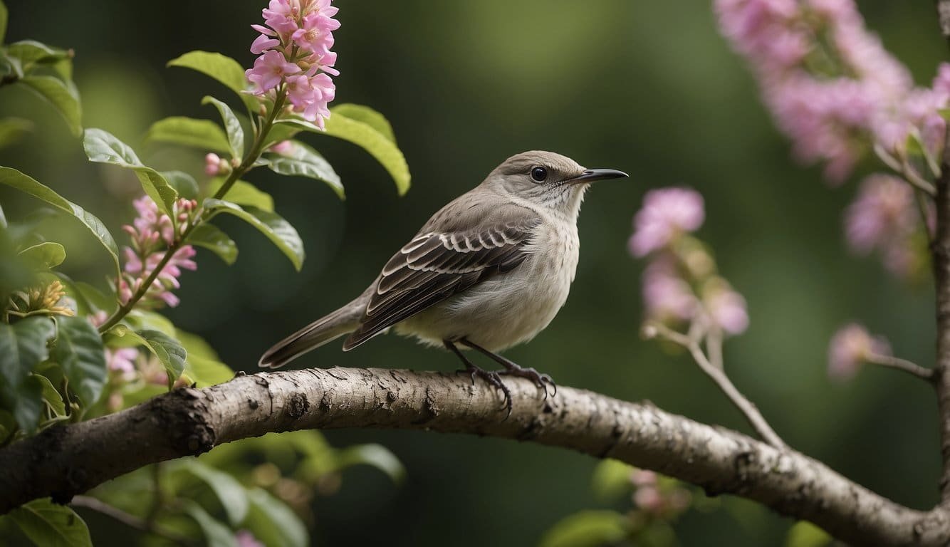 A mockingbird perches on a tree branch, singing loudly.</p><p>It is surrounded by lush green foliage and colorful flowers in its natural habitat