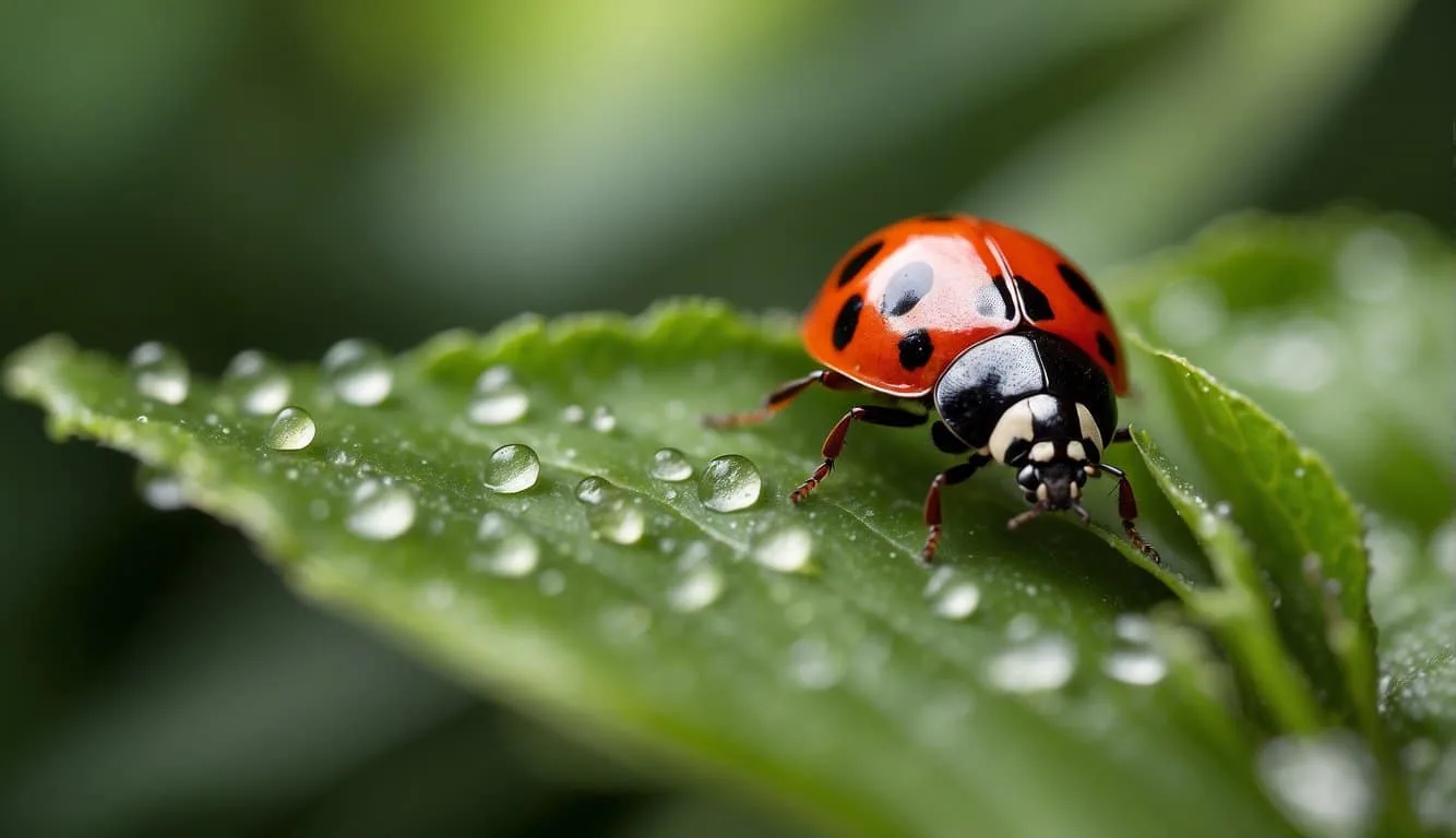 A ladybug crawls along a vibrant green leaf, its red and black shell standing out against the lush foliage.</p><p>It pauses to delicately clean its tiny, speckled wings before taking flight