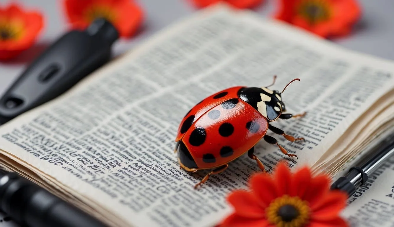 Ladybug on a vibrant red flower, surrounded by cameras and microphones.</p><p>Newspapers and screens with ladybug headlines in various languages.</p><p>Social media icons and hashtags floating around