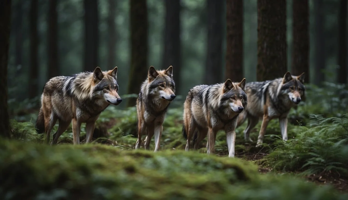 Endangered wolves roaming free in a lush forest, surrounded by their pack, showing signs of recovery and success