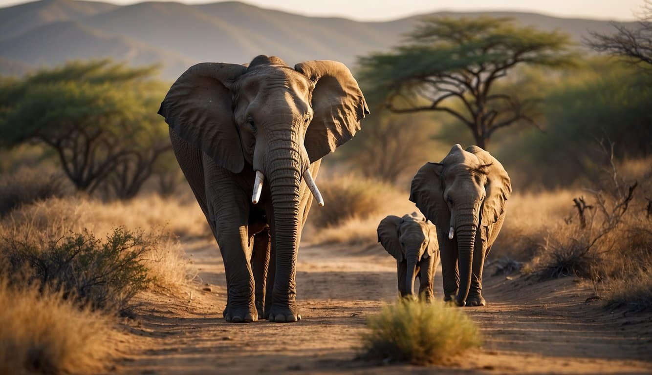 An elephant family walks through a barren landscape, surrounded by poachers and encroaching human settlements