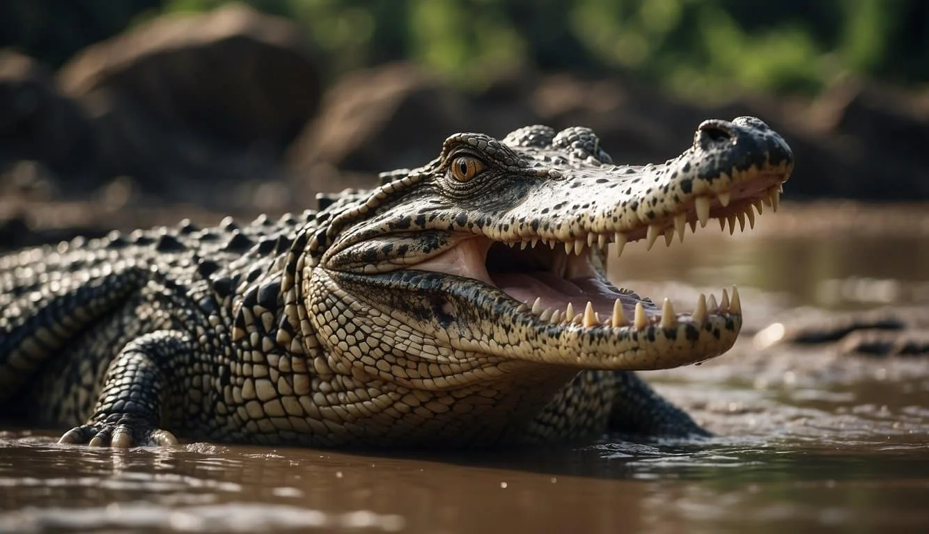 A crocodile basks on a muddy riverbank, its jaws open wide.</p><p>Nearby, a group of birds cautiously drink from the water, keeping a watchful eye on the lurking predator