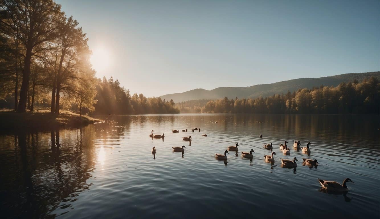 A flock of geese honking and flapping wings in front of a serene lake