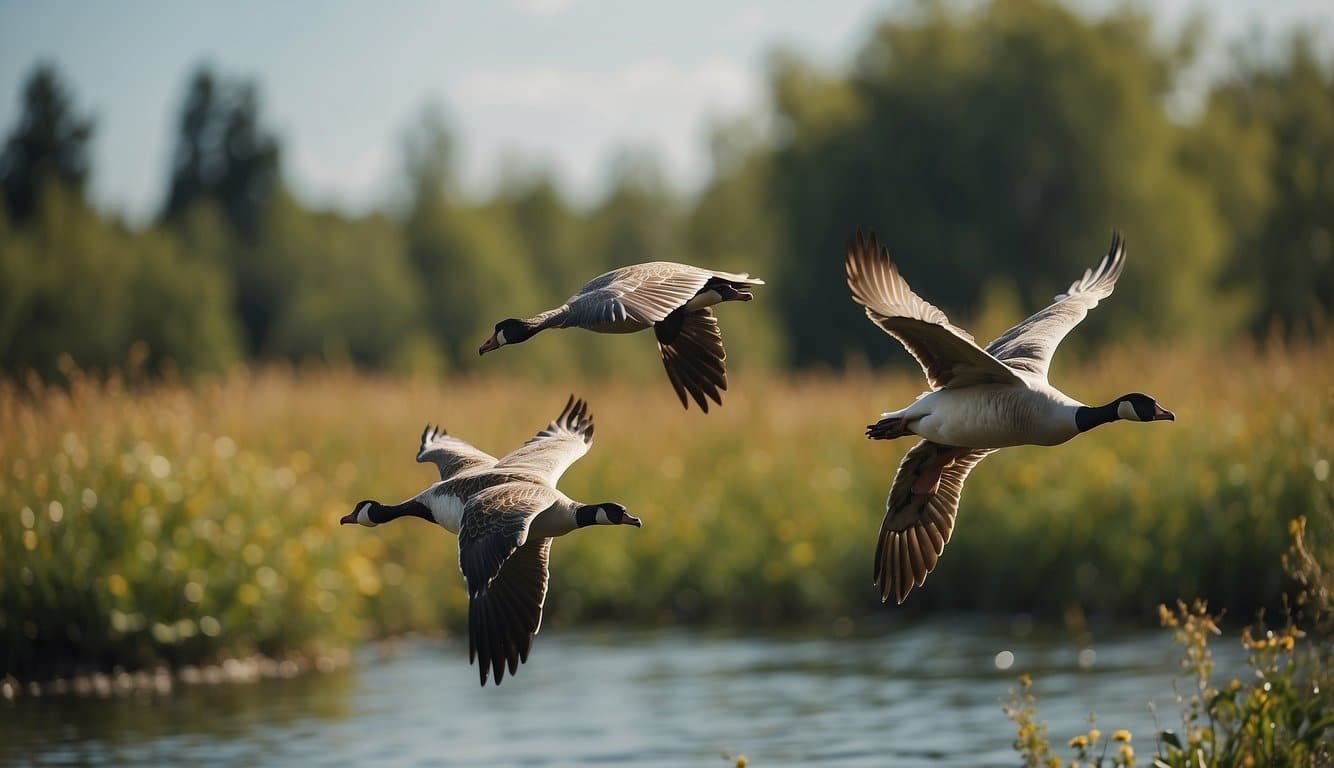 A flock of geese flying over a wetland, with diverse plant and animal species thriving below