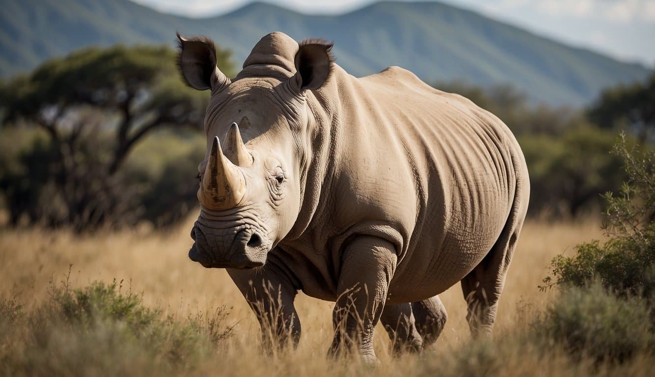 The white rhino grazes peacefully in its natural habitat, surrounded by grasslands and shrubs.</p><p>A sense of tranquility and harmony with the environment is portrayed