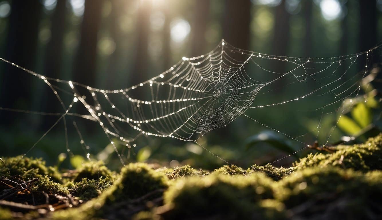 A variety of spider webs stretch across a forest clearing, each displaying unique patterns and structures, showcasing the diversity and functionality of these natural creations