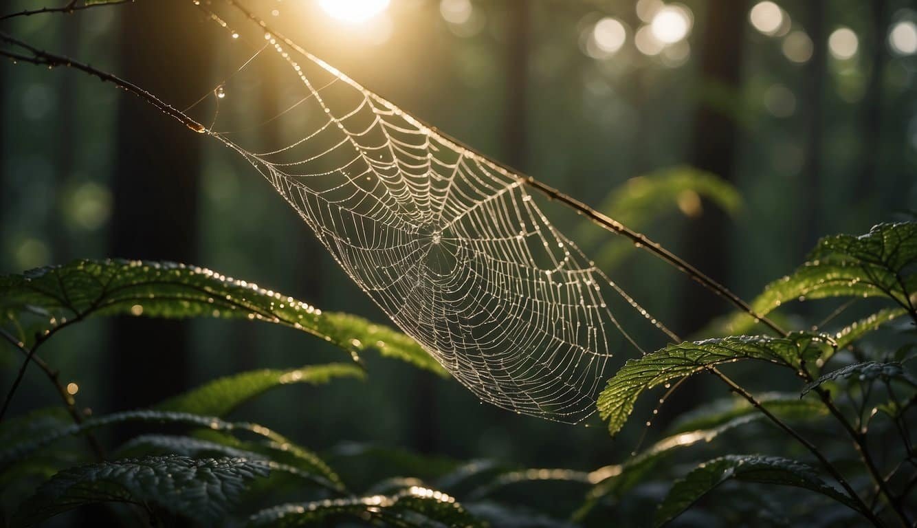 Sunlight filters through the dense forest, illuminating intricate spider webs glistening with dew.</p><p>The delicate strands connect trees and bushes, creating a mesmerizing network of natural art