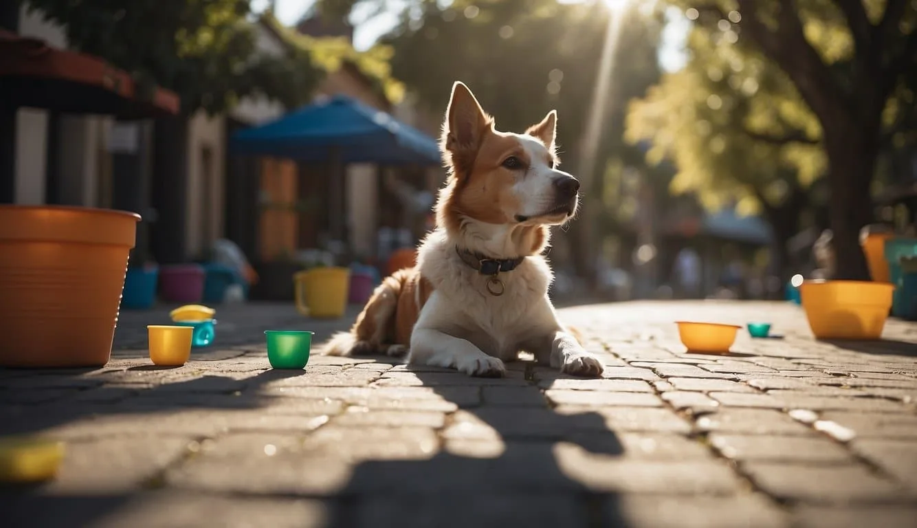 A dog lounges in the shade, panting in the midday heat, surrounded by empty water bowls and scattered toys. The sun beats down on the pavement, creating a hazy, lazy atmosphere