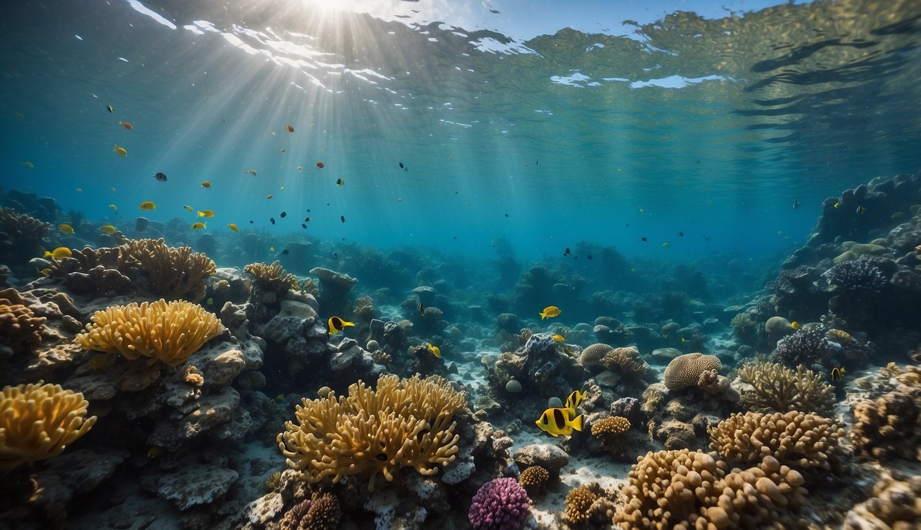 A vibrant coral reef teeming with diverse marine life and colorful corals swaying gently in the clear, azure waters of the ocean