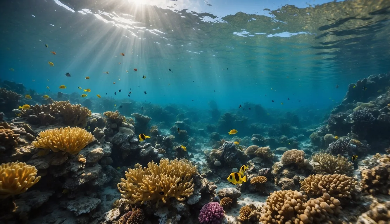 A vibrant coral reef teeming with diverse marine life and colorful corals swaying gently in the clear, azure waters of the ocean