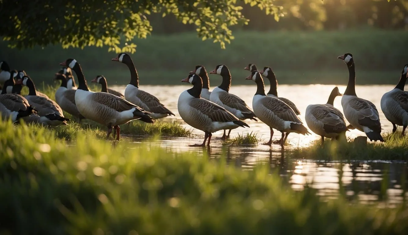 A flock of geese grazing on green grass, with a clear pond in the background. Some geese are flapping their wings, preparing for flight