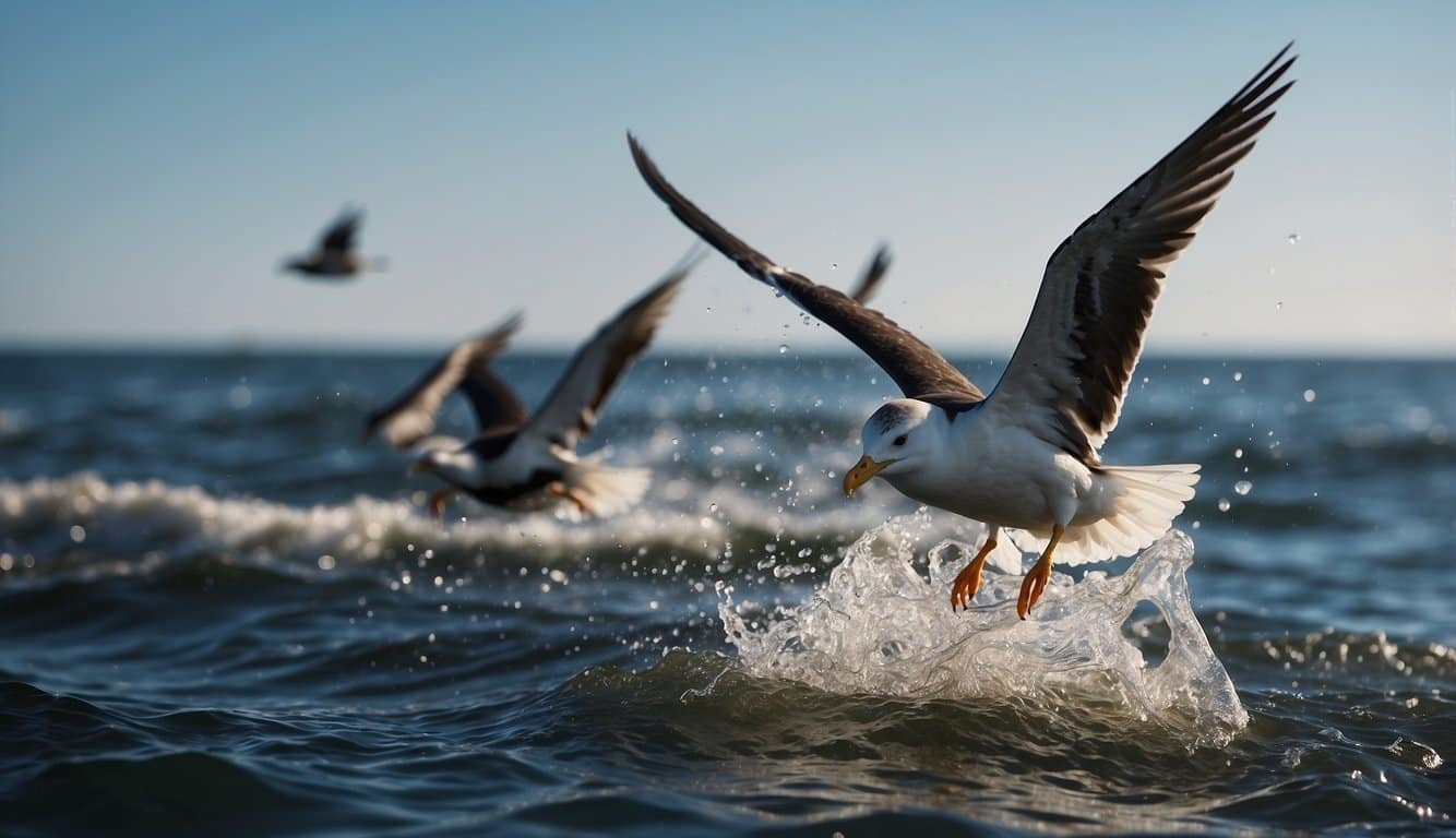 Oil-covered seabirds struggle to fly amidst a polluted ocean, while marine life suffocates in the contaminated waters below