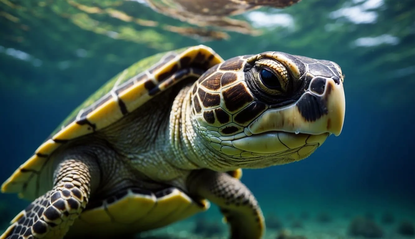 A turtle submerged in water, with its head poking out, appears to be breathing through its cloaca