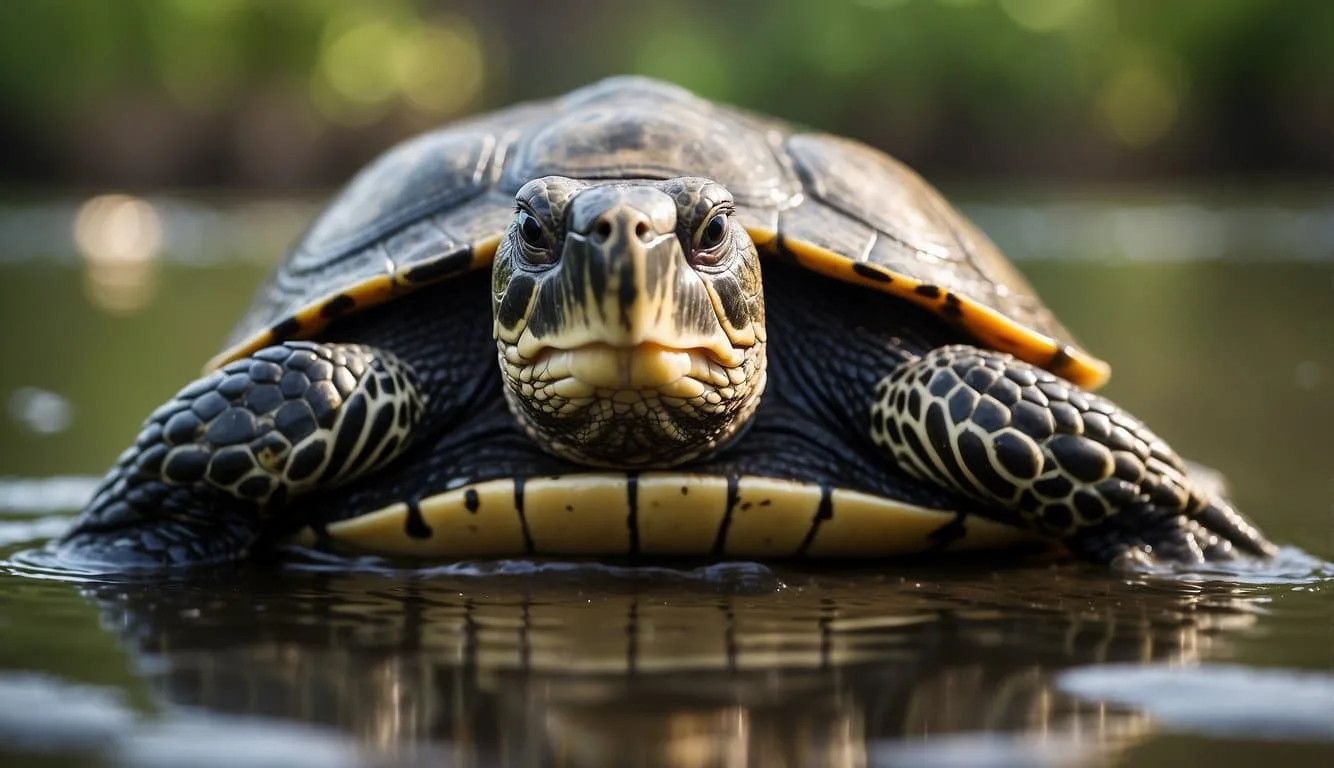 A turtle is submerged in water, its body still while its rear end moves rhythmically, demonstrating the unique behavior of breathing through its butt