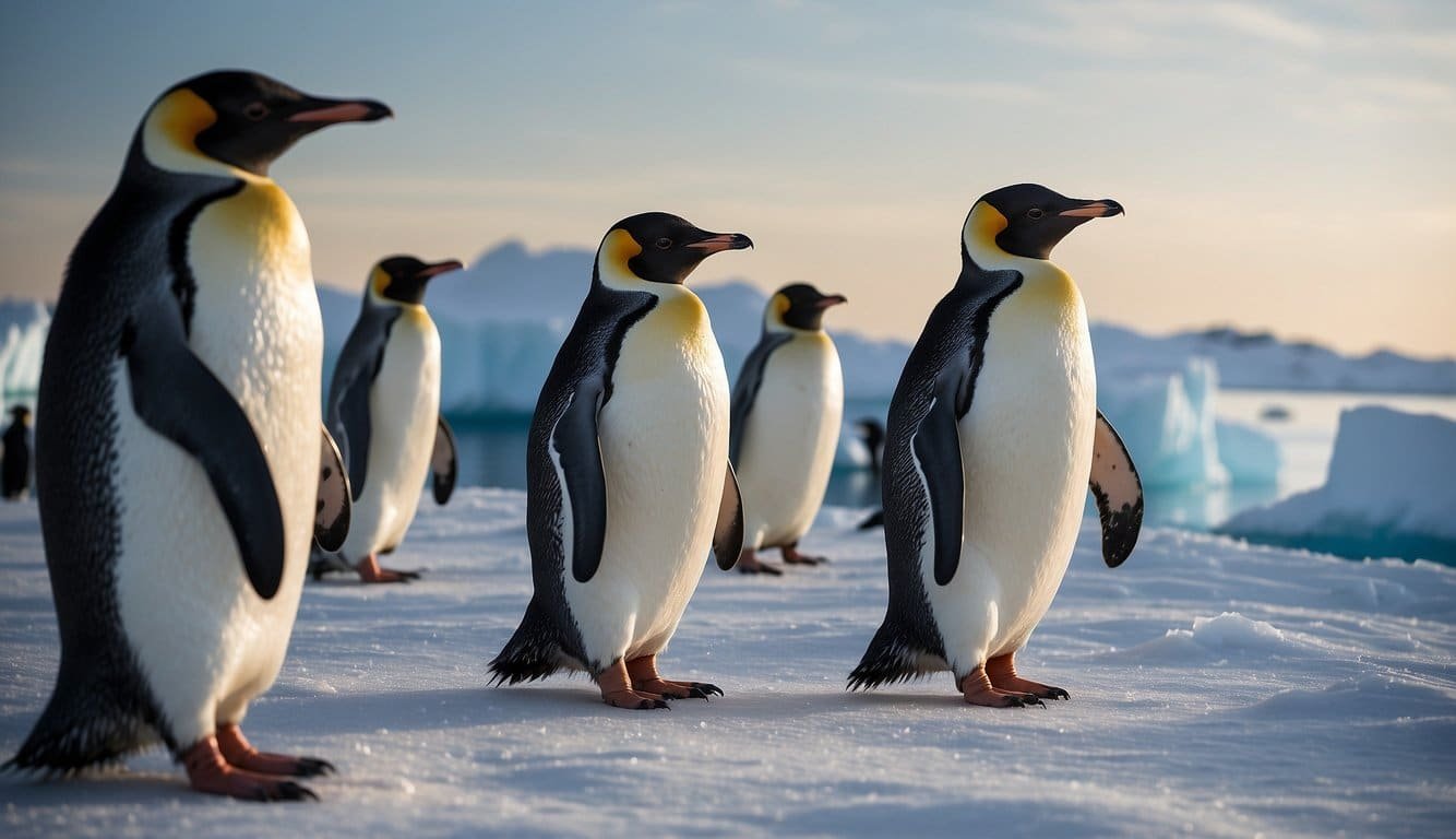 Antarctic penguins waddle across a snowy landscape, surrounded by icy waters and towering icebergs