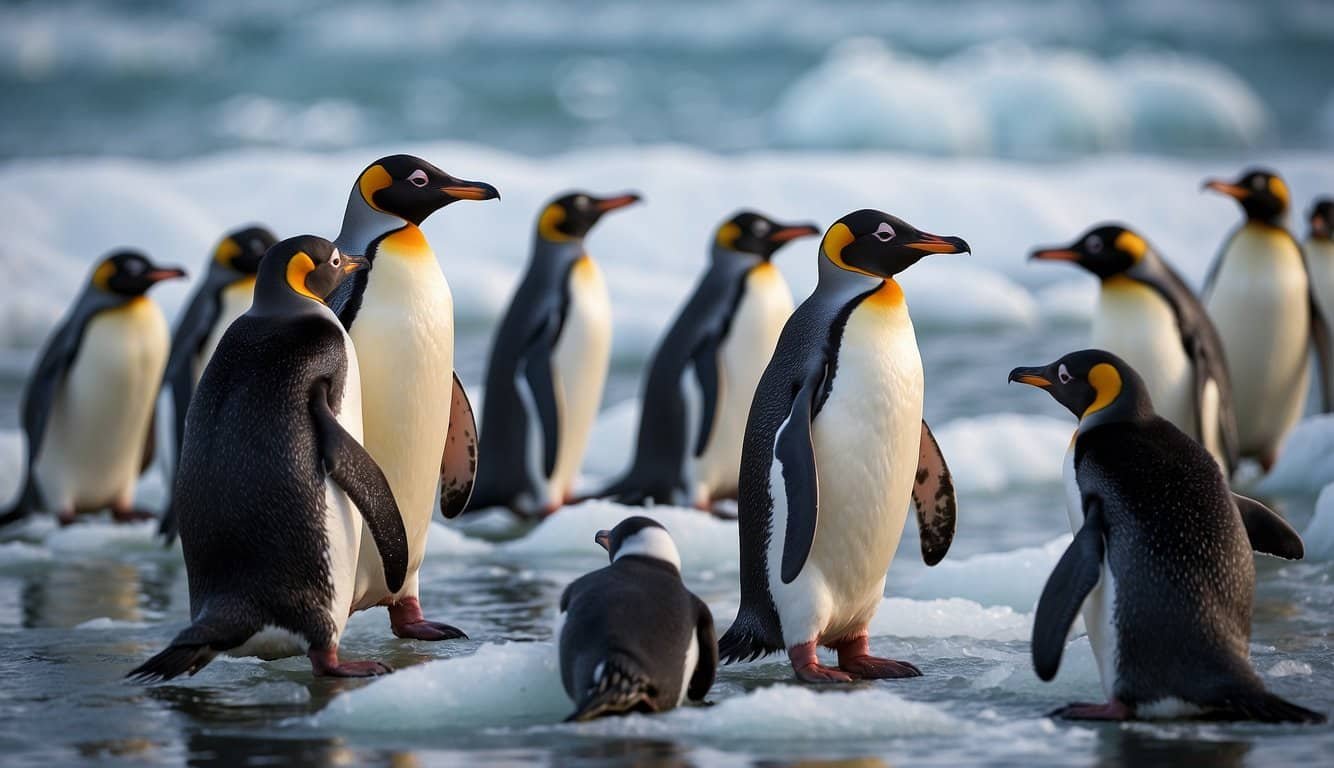 Penguins huddle on icy shores, facing threats from climate change and human activity