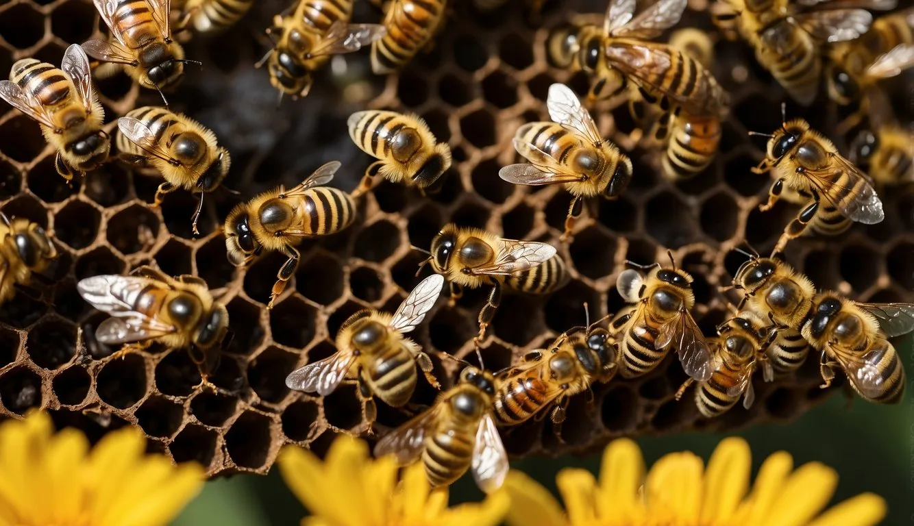 Worker bees gather nectar, while others build and maintain the hive. The queen lays eggs, and drones mate with her