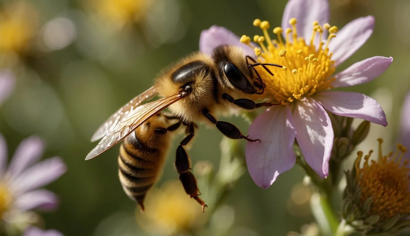 A worker bee collects nectar and pollen from flowers, then returns to the hive to make honey and care for the queen and larvae