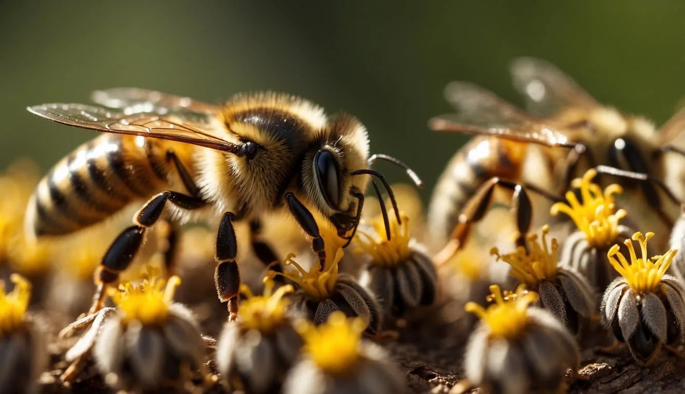 Worker bees exhibit seasonal behaviors for survival. They collect nectar and pollen, build honeycombs, and care for the queen and larvae
