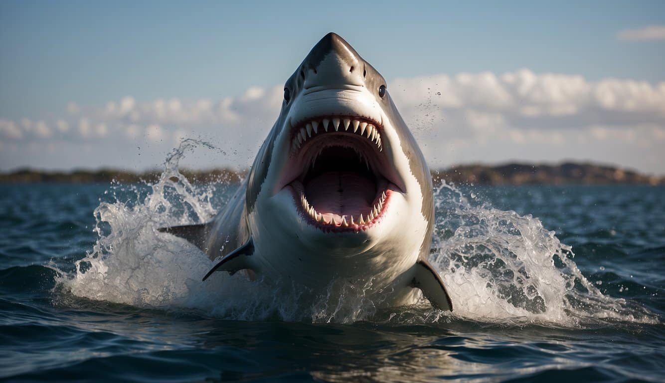 A great white shark breaches the surface, mouth open, as a seal frantically swims away in the background