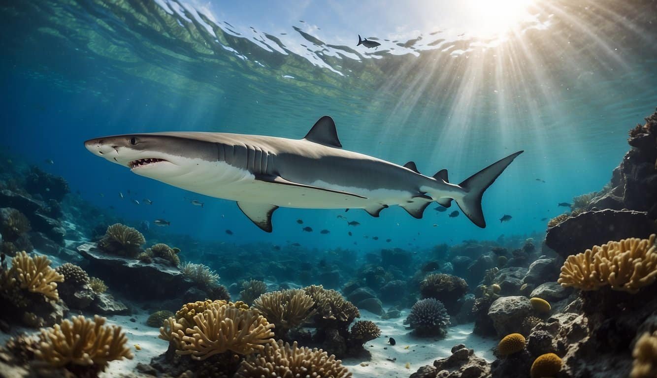 A group of sharks swimming freely in clear blue waters, surrounded by diverse marine life and vibrant coral reefs