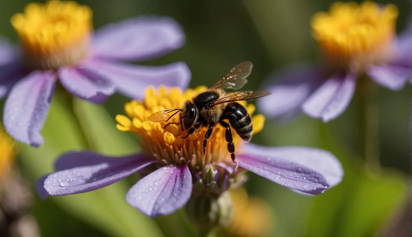 Stingless bees foraging nectar from colorful flowers in a tropical forest
