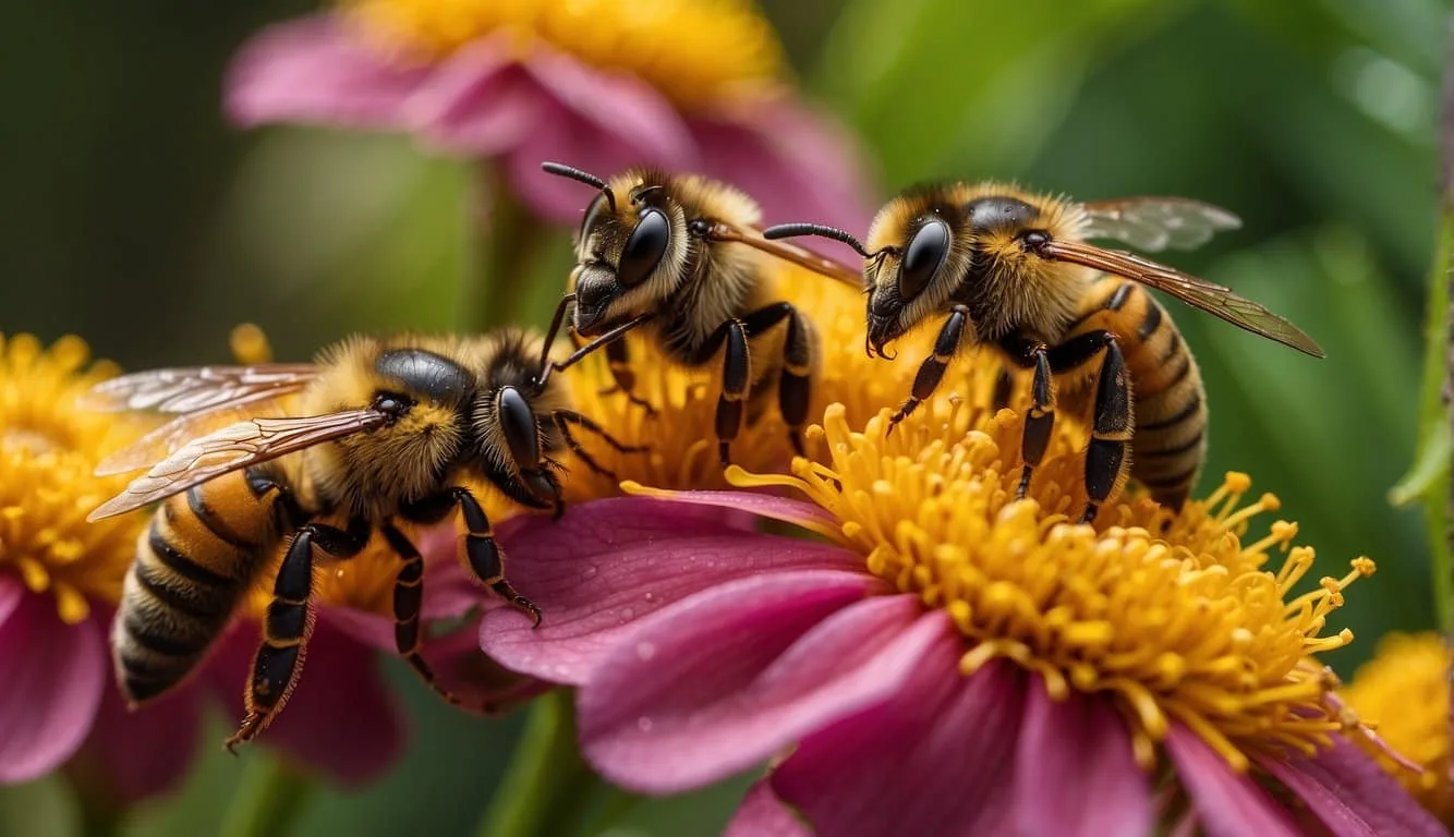 Stingless bees swarm around a vibrant tropical flower, collecting nectar and pollen. Nearby, indigenous people carefully harvest honey from the bees' intricate hives