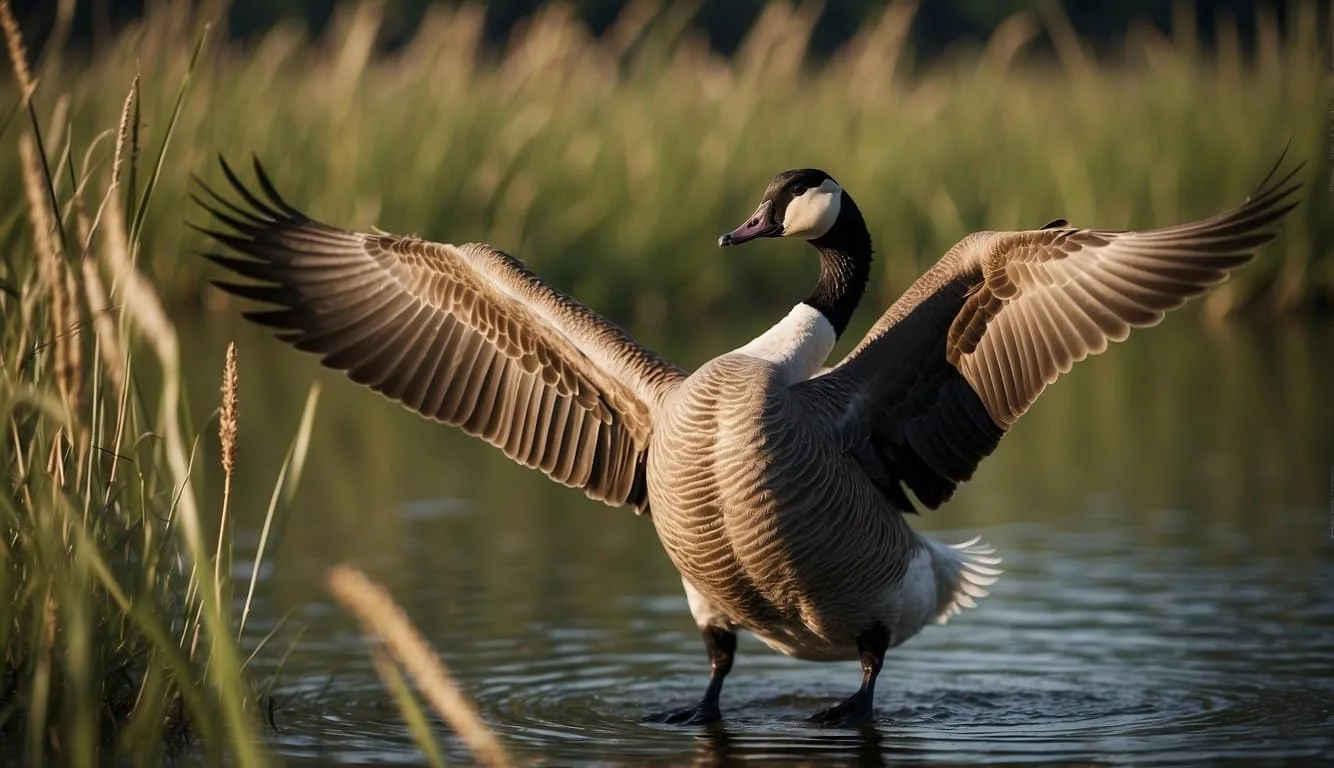 A Canadian goose waddles near a calm lake, surrounded by tall grass and reeds.</p><p>It honks loudly, flapping its wings as it takes off into the sky