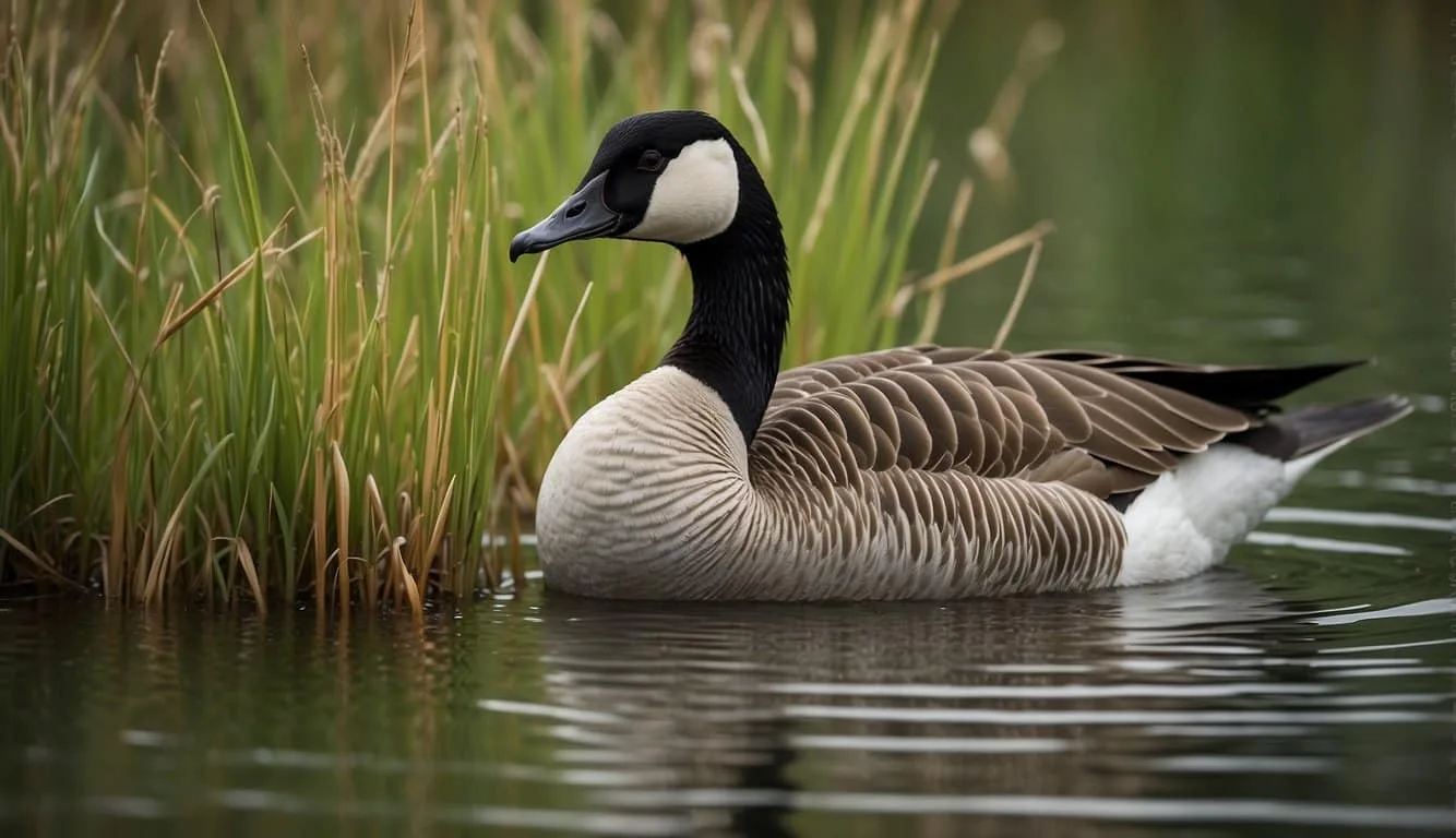 A Canadian goose with a black head, white chinstrap, and brown body stands near a tranquil lake, surrounded by green reeds and grasses