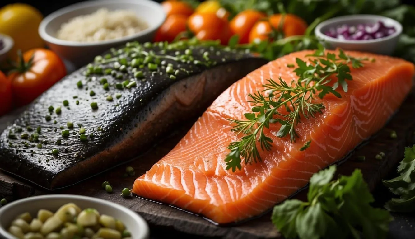 A vibrant display of fresh sockeye salmon fillets, surrounded by colorful vegetables and herbs, ready to be prepared into culinary delights