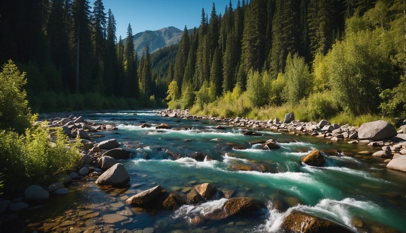 A vibrant stream teeming with sockeye salmon, surrounded by lush green forests and clear blue skies