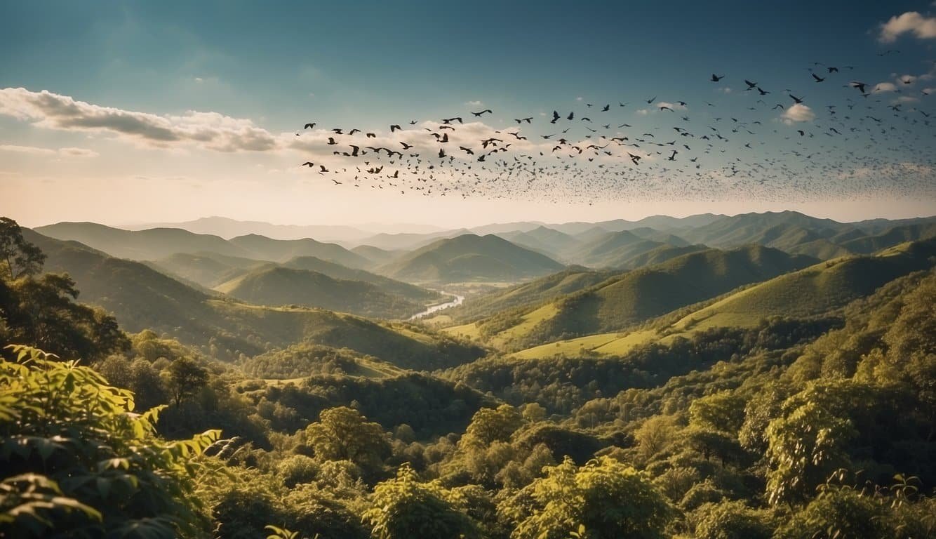 Birds migrating over a lush landscape with researchers monitoring their flight patterns and behavior